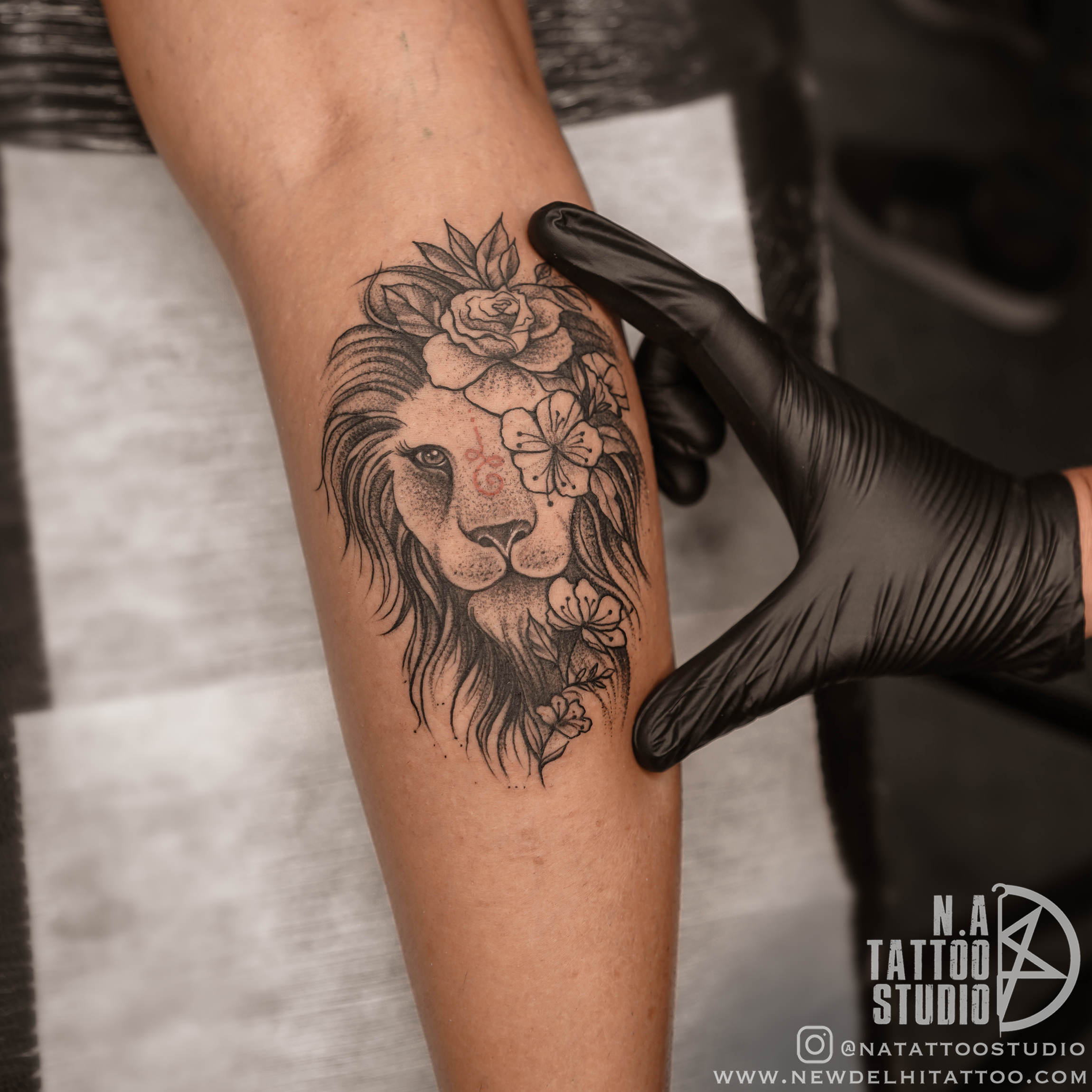 lion floral girlish tattoo